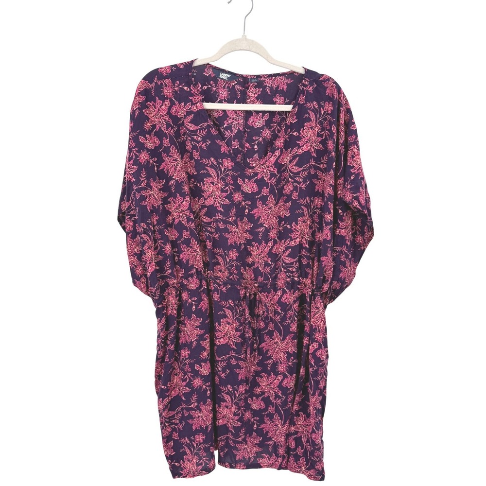 Lands End Floral Swim Cover-Up Dress Purple Pink V-Neck Modal XL-XXL